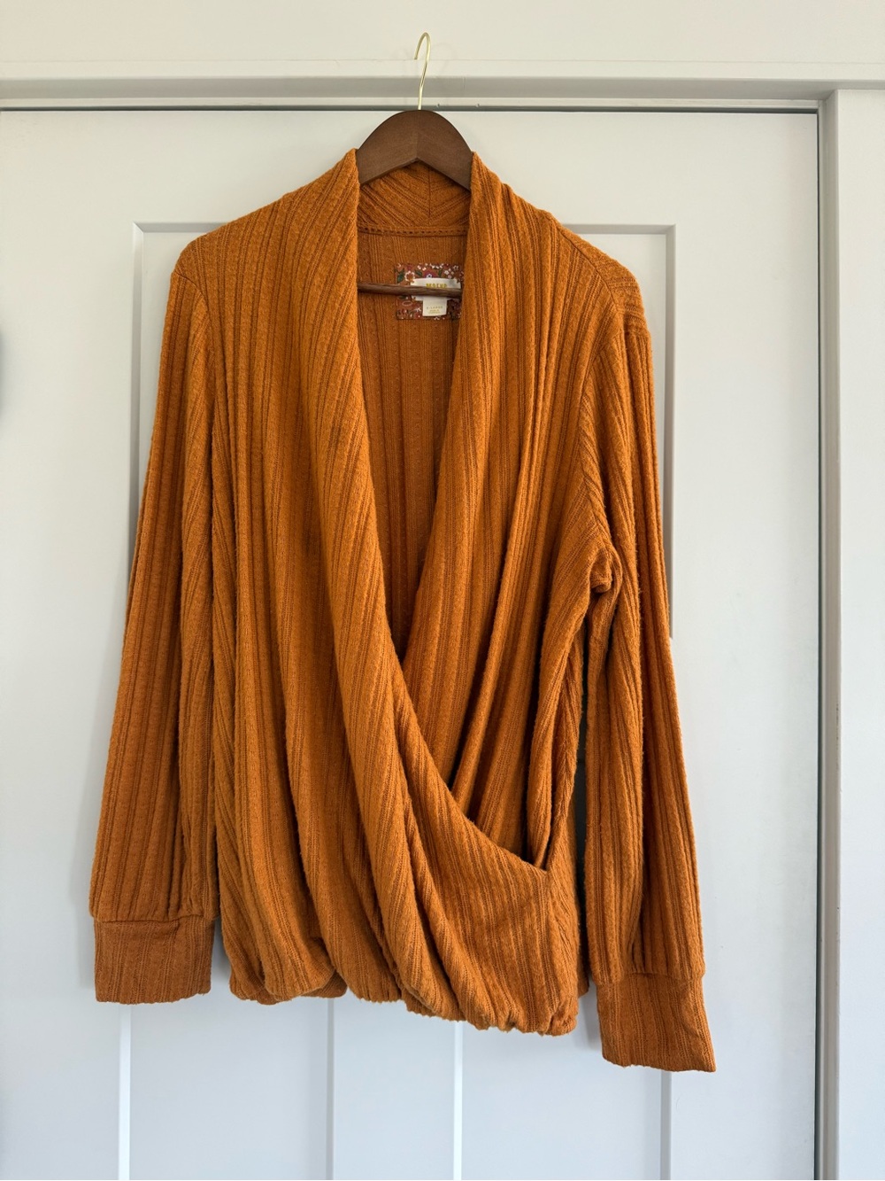 Anthropologie Maeve Rafela Hacci Surplice Ribbed Wrap Top Gold XL